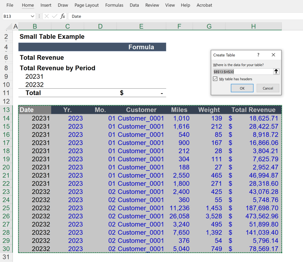 Creating an Excel Table